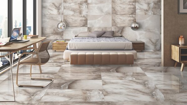 Glanzende tegel ALABASTRO BIANCO 60x120cm met witte marmerlook en subtiele aders tiles