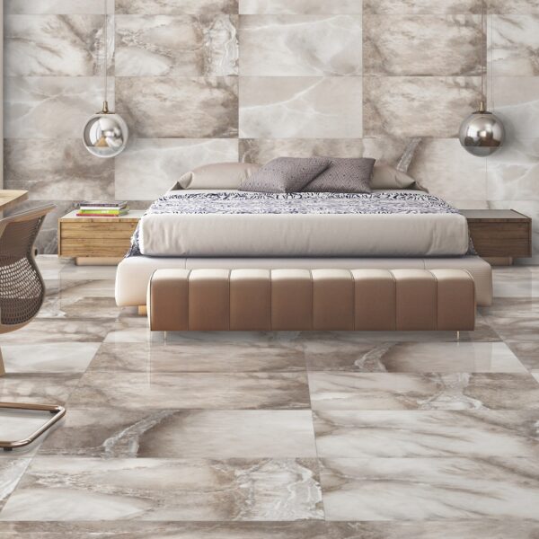 Glanzende tegel ALABASTRO BIANCO 60x120cm met witte marmerlook en subtiele aders tiles