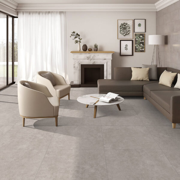 ATTIC GRIS Tile Installation in Modern Living Room – Porcelain Cement Look Belgium