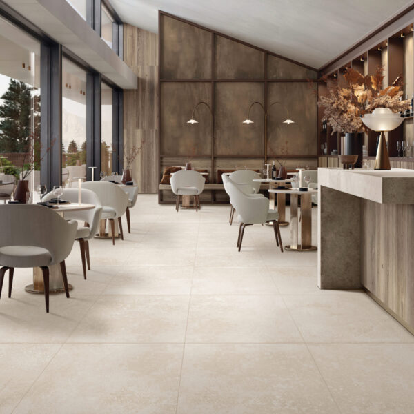 BARBOSA CREMA cementlook tegel 60x60cm met granula matte afwerking – porseleinen tegel van Tegelplus voor warme Belgische interieurs