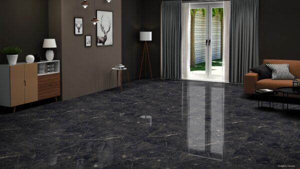 BLACK CREEK zwarte marmerlook tegel 60x120cm met hoogglans afwerking – porseleinen tegel van Tegelplus voor luxe Belgische interieurs