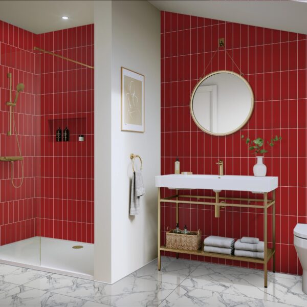 SAND STONE BLOOD RED 7.5x30cm glanzende tegel met levendige rode kleur en zandsteenstructuur tiles