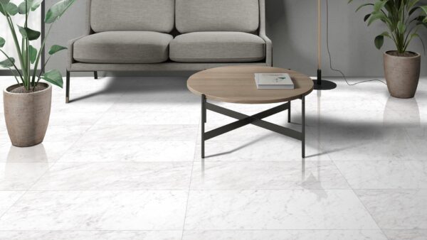 CARRARA PURE BIANCO 60x120cm glanzende tegel met witte marmerlook en subtiele aders tiles