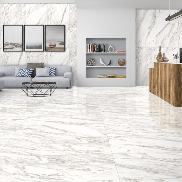 Glanzende tegel CARRARA ROYAL GREY 60x120cm met luxe grijs marmerpatroon en natuurlijke adering tiles