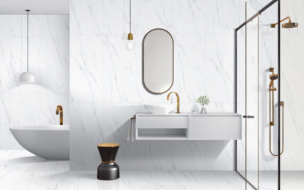 Buitentegels Pulpis  CLASS BIANCO tegel 60x120 cm met witte marmerlook en glanzend oppervlak