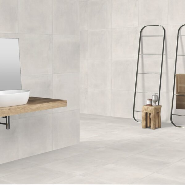 DYNAMIC WHITE 60x60cm cement-look white porcelain tiles with matt finish – Tegelplus Belgium