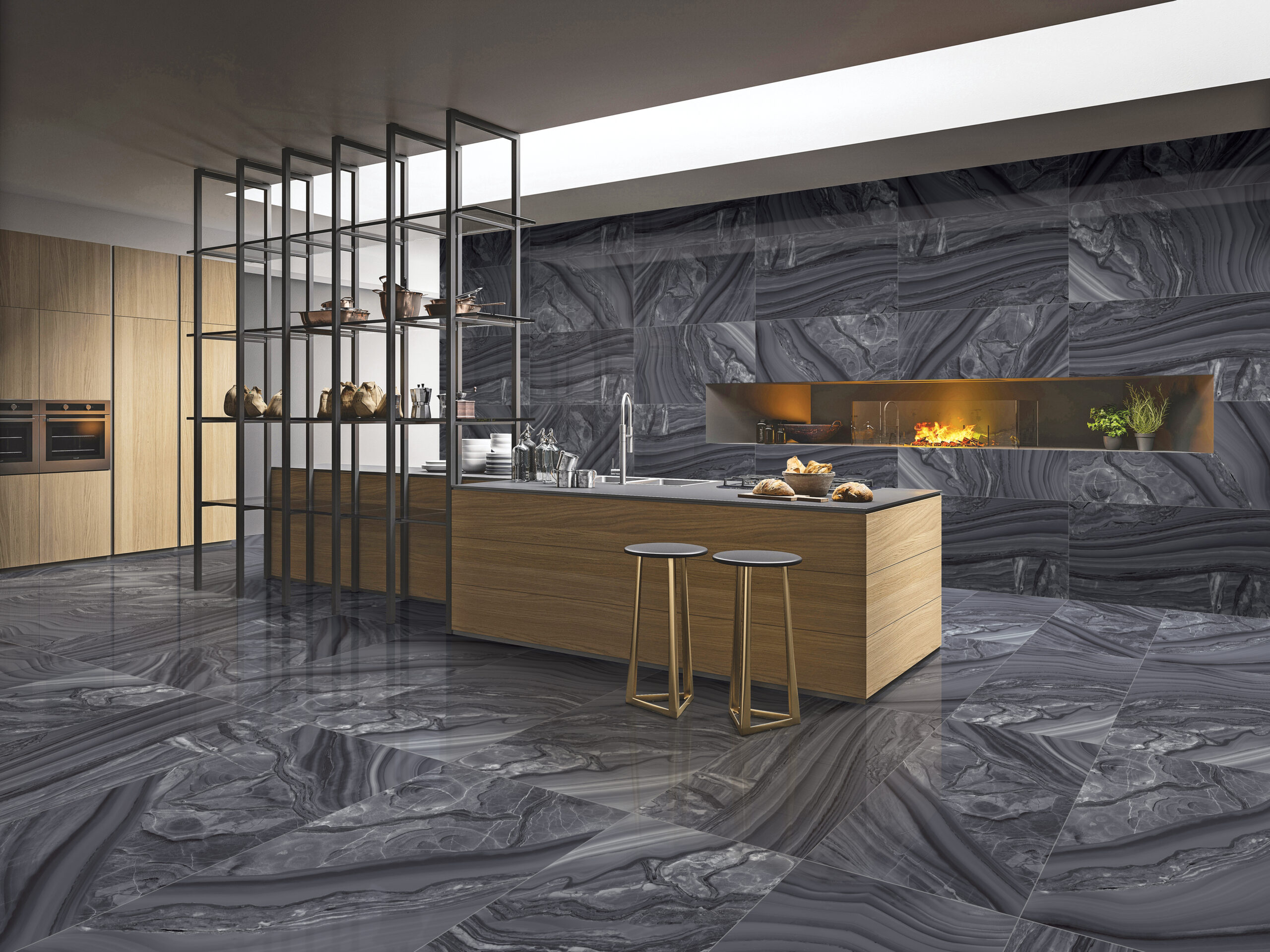 FANTISTICO GREY zwarte en grijze marmerlook tegel 60x120cm met hoogglans afwerking – porseleinen tegel van Tegelplus voor moderne Belgische interieurs