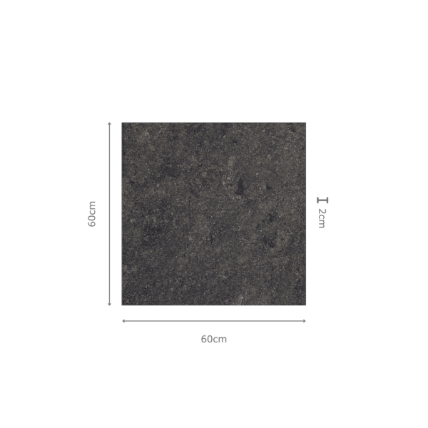 FOSSIL BLACK – Zwarte porseleinen tegel 60x60x2 cm met antislip oppervlak, natuursteenlook, ideaal voor buitenruimtes in België – verkrijgbaar bij Tegelplus