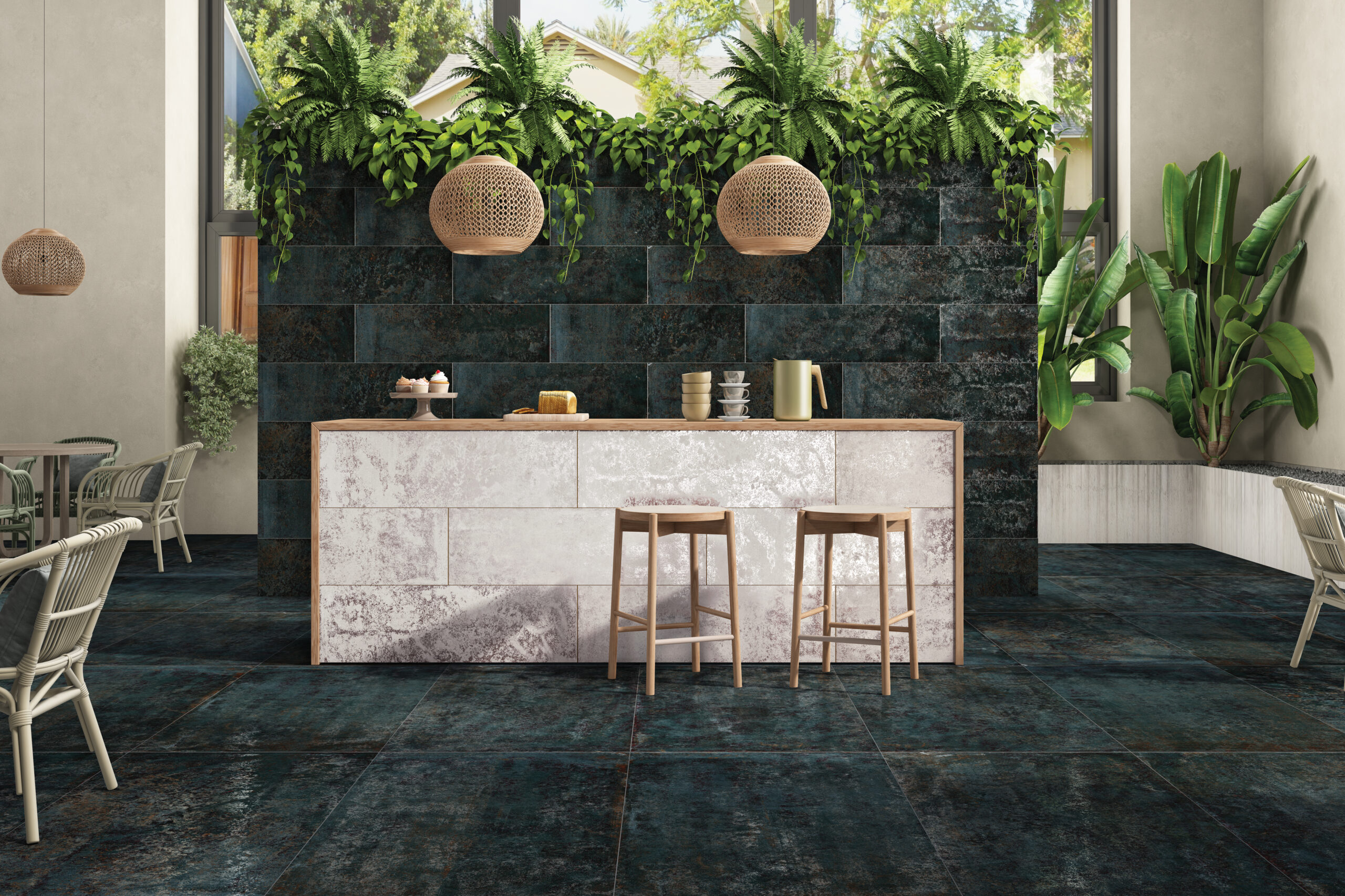 Industriële tegel KRETOS METALO met betonlook en metallic grijstint, ideaal voor moderne interieurs.