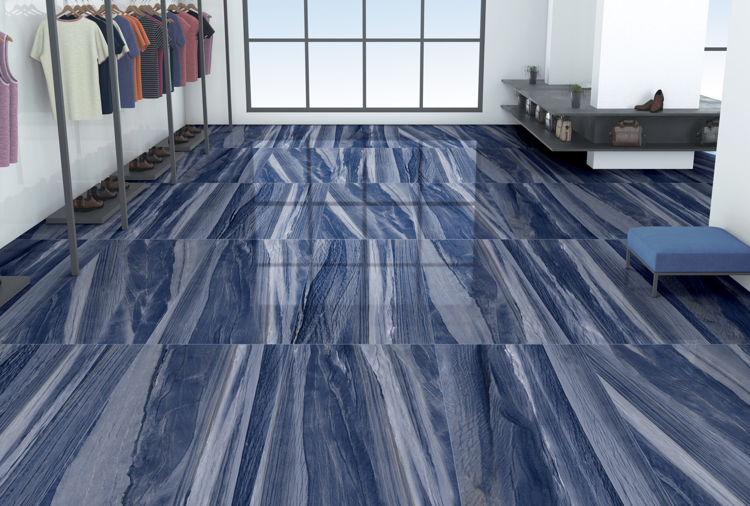 Hoogglans tegel MACAUBA AZUL 60x120cm met opvallende blauwe aders en marmerlook design tiles