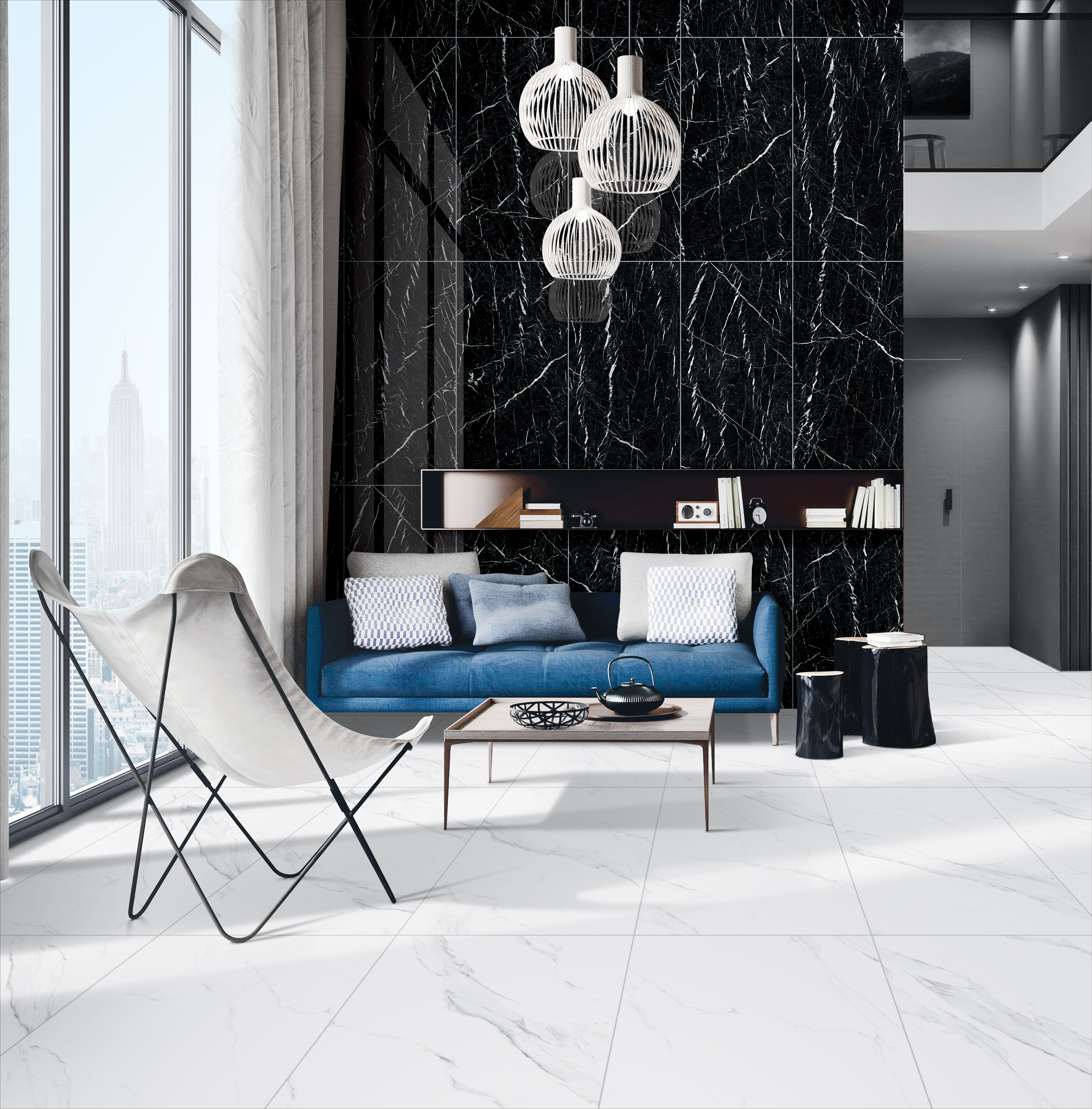 MARQUINA ROYAL NERO zwarte marmerlook tegel 60x120cm met witte adering en hoogglans afwerking – porseleinen tegel van Tegelplus voor stijlvolle Belgische interieurs