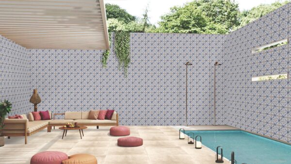 Beige porseleinen tegel 60x60 cm met natuursteenlook en antislip oppervlak – ideaal voor buitengebruik in België via Tegelplus