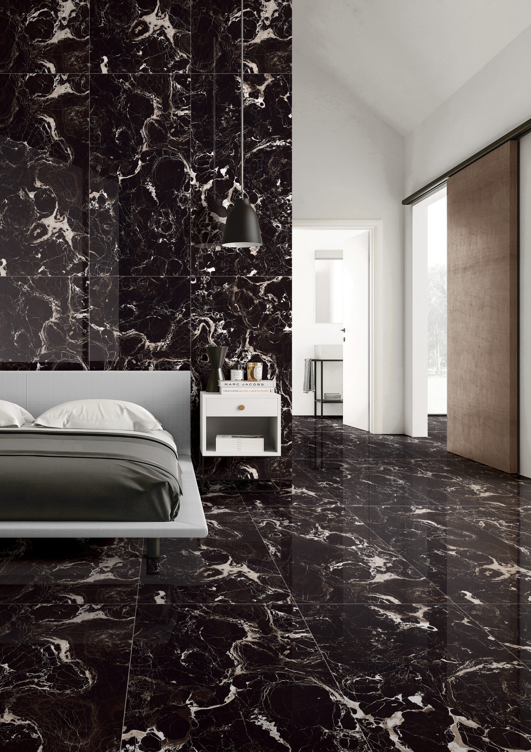 PORTICO SILVER zwarte marmerlook tegel 60x120 cm met zilvergrijze adering en hoogglans afwerking – porseleinen tegel van Tegelplus voor elegante Belgische interieurs