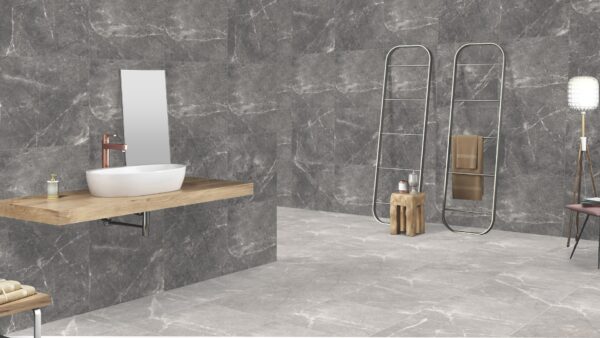 RIVERSIDE NERO zwarte marmerlook tegel 60x60cm & 80x80cm met getextureerde matte afwerking – porseleinen tegel van Tegelplus voor Belgische interieurs