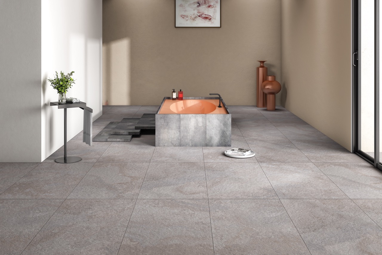 RODAS STREAM grijze natuursteenlook tegel 60x60cm met antislip afwerking – porseleinen tegel van Tegelplus voor binnen- en buitenvloeren in België