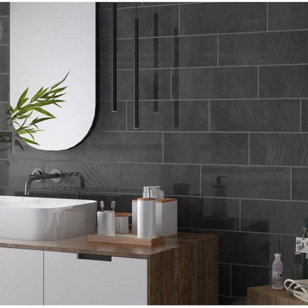 ROME CHARCOAL 10x30cm tegel met diepe antracietkleur en glanzende afwerking tiles