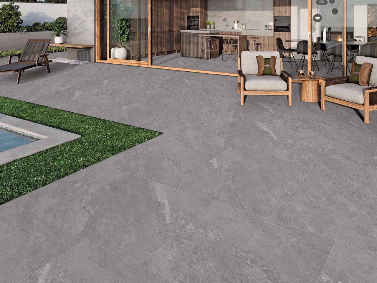 Grijze 60x60x2 cm keramische buitentegel met natuursteenlook en antislip oppervlak – Tegelplus België