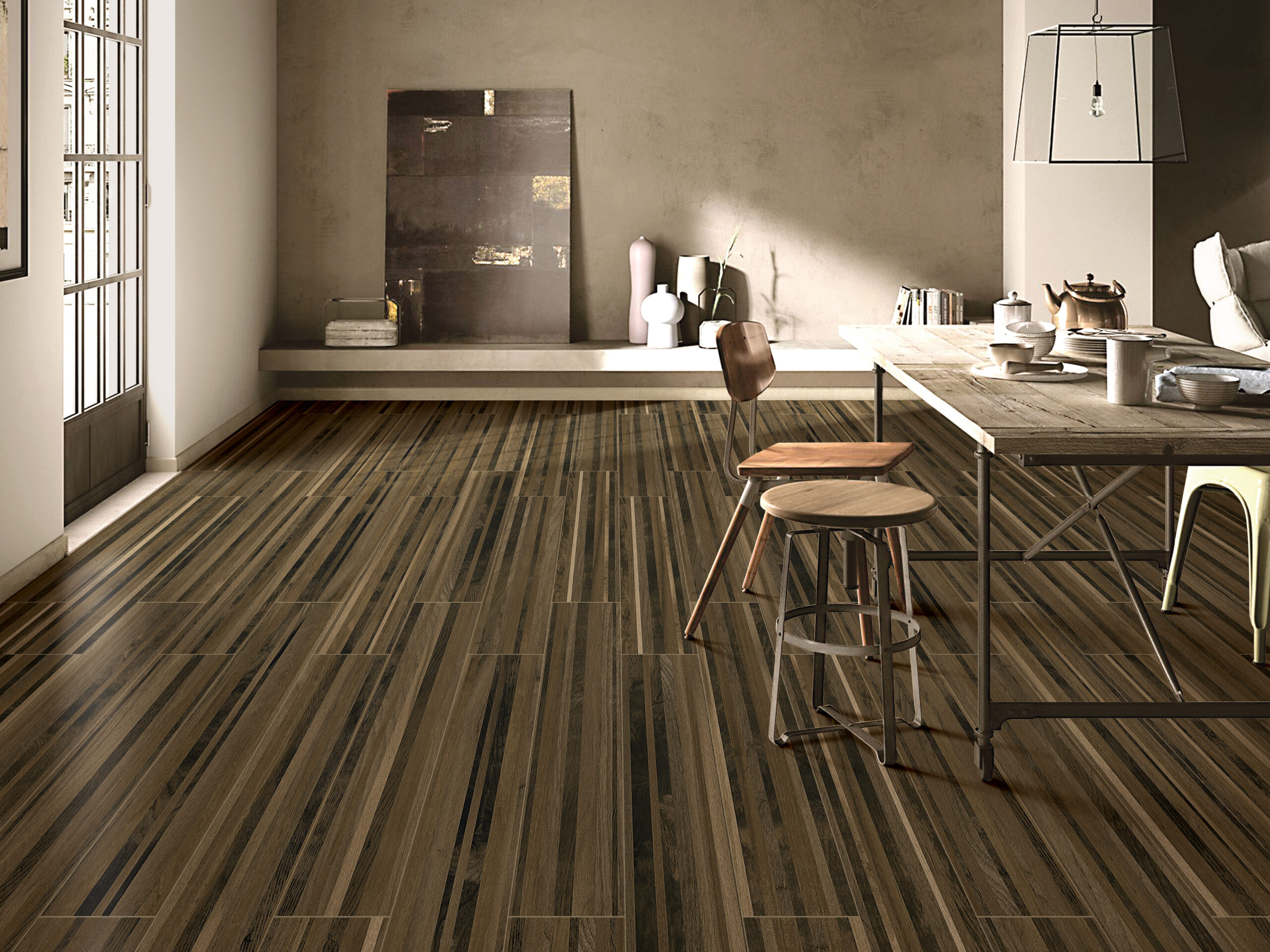 Keramische houtlook tegel STREAK WOOD COFFE 20x120cm met matte afwerking en warme koffiekleurige houtstructuur tiles