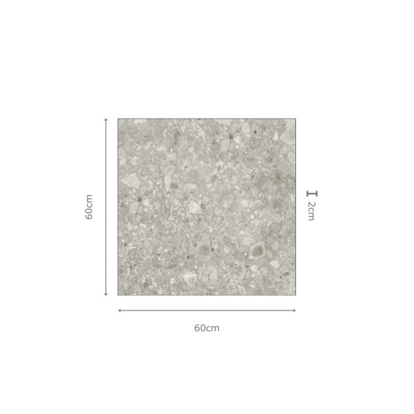 TERRAZO SMOKE – Grijze terrazzo porseleinen tegel 60x60x2 cm met antislip oppervlak – buitengebruik – Tegelplus België
