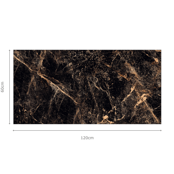 TRIVOLI GOLD zwarte marmerlook tegel 60x120 cm met goudkleurige adering en hoogglans afwerking – porseleinen tegel van Tegelplus voor elegante Belgische interieurs