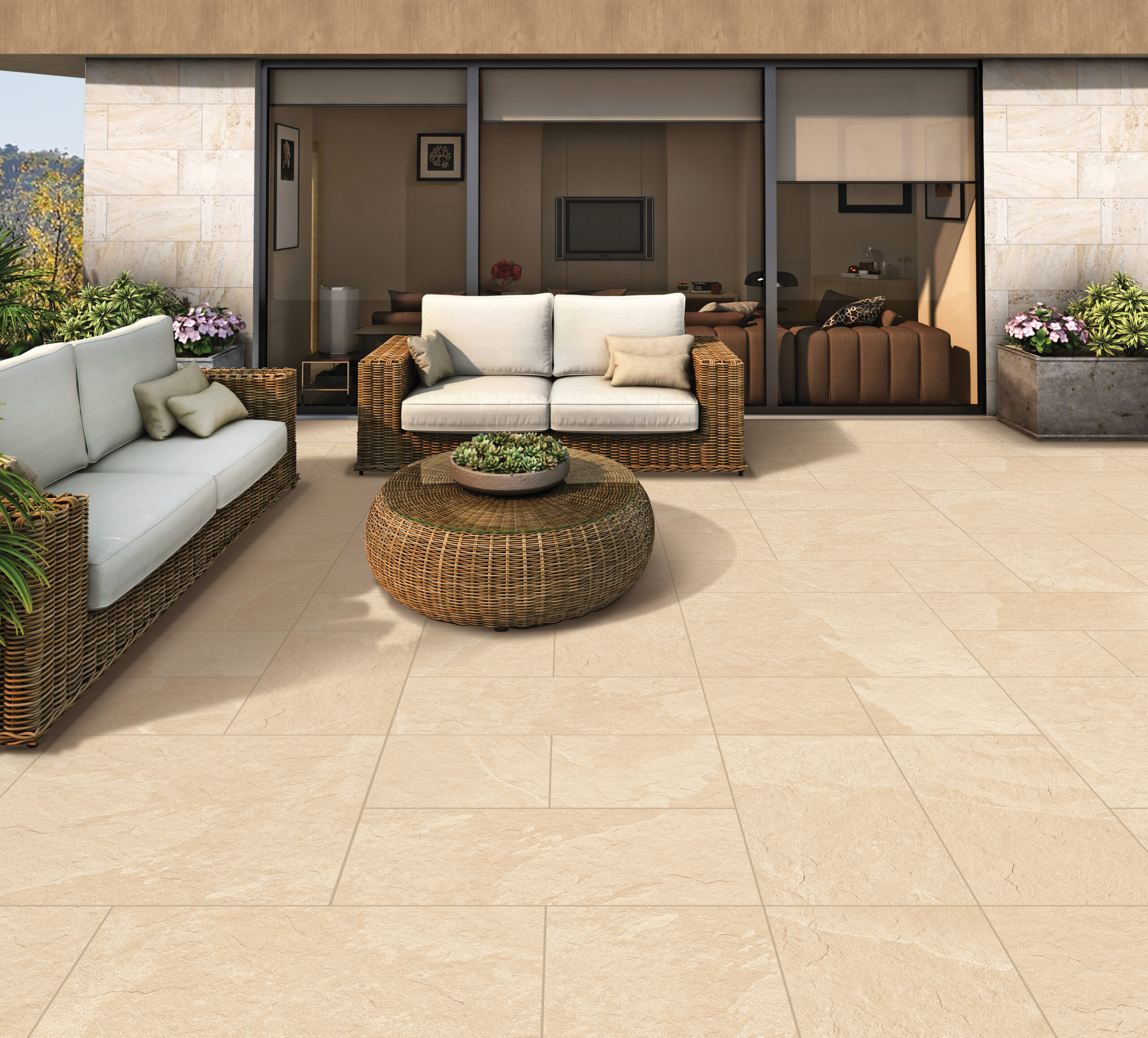 VELIT NATURAL beige natuursteenlook tegel 60x60x1.2cm met antislip oppervlak – porseleinen buitentegel van Tegelplus voor Belgische terrassen en tuinen