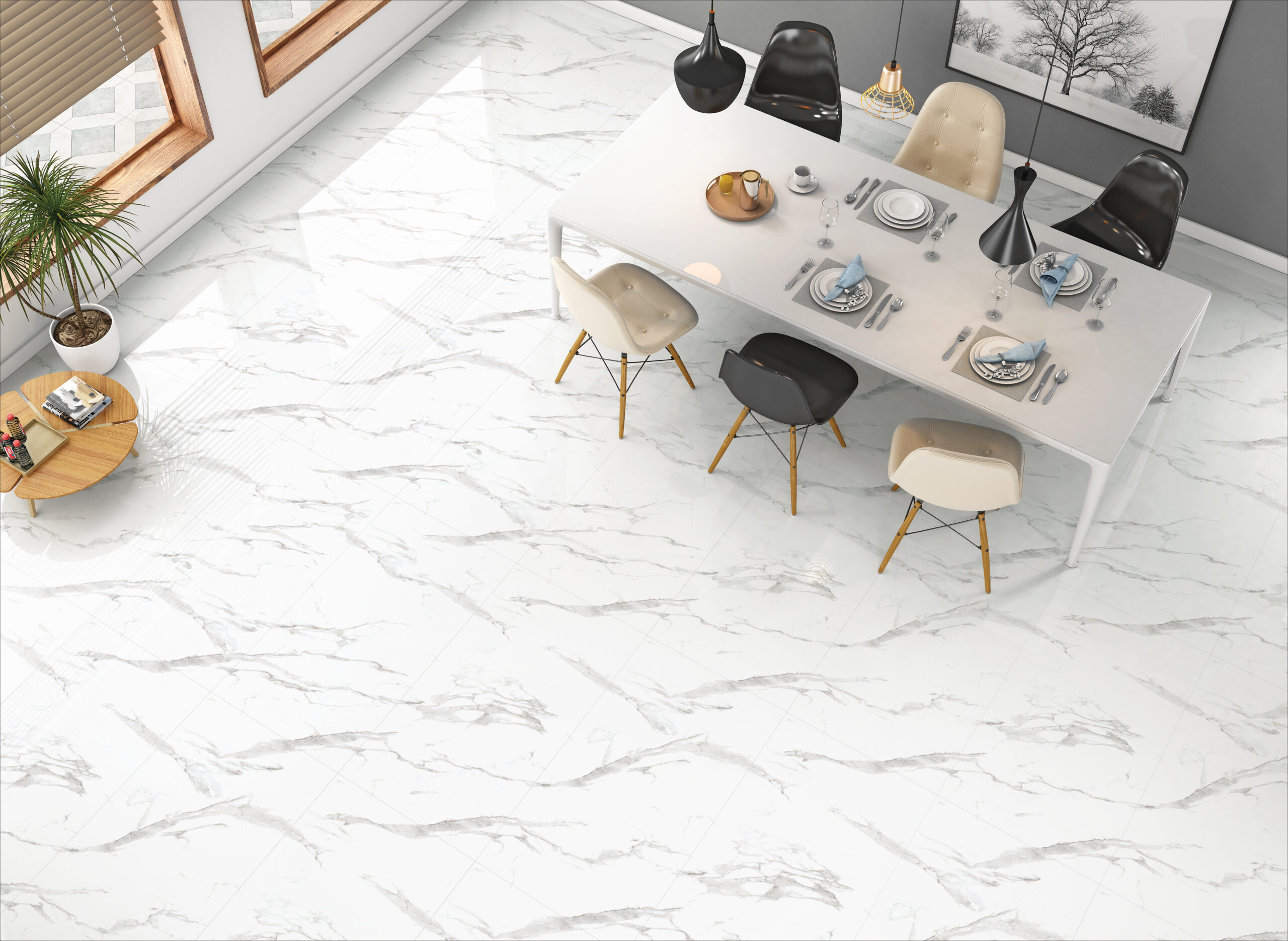 VOLCANIC GREY INFINITY witte marmerlook tegel 60x120 cm met glanzend oppervlak en vulkanische grijstinten – Tegelplus België
